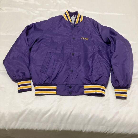 Vintage Satin Jacket TJ’s TAXI Purple Yellow Embroidered TONY Retro Men’s L - Picture 3 of 9